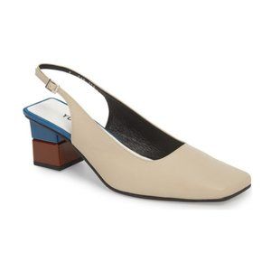 YUUL YIE Square Toe Slingback Leather Pump Color Block Chunky Heel Sandals Retro